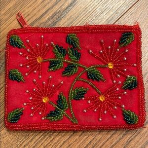 Embroidered Red Floral Pouch